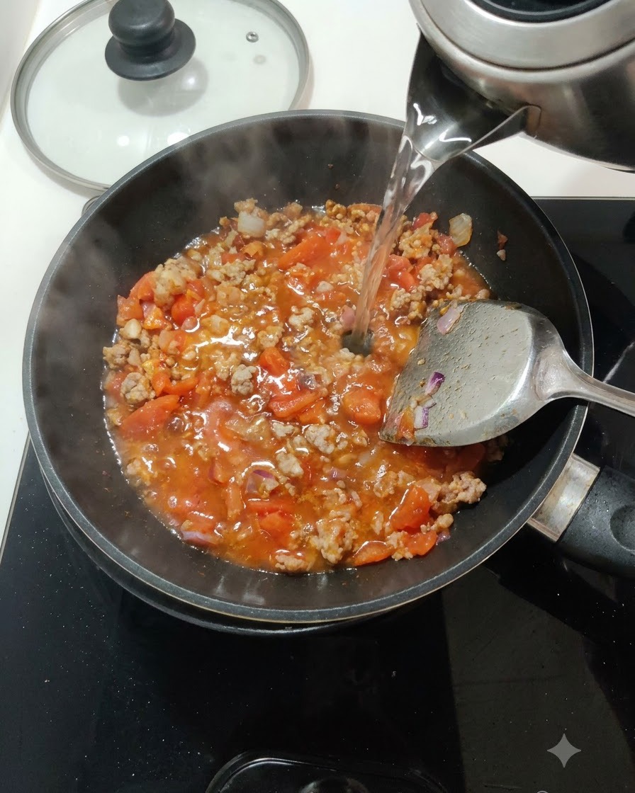 Klares Wasser wird aus einem silbernen Kessel in eine Pfanne mit Tomaten und Fleisch gegossen.