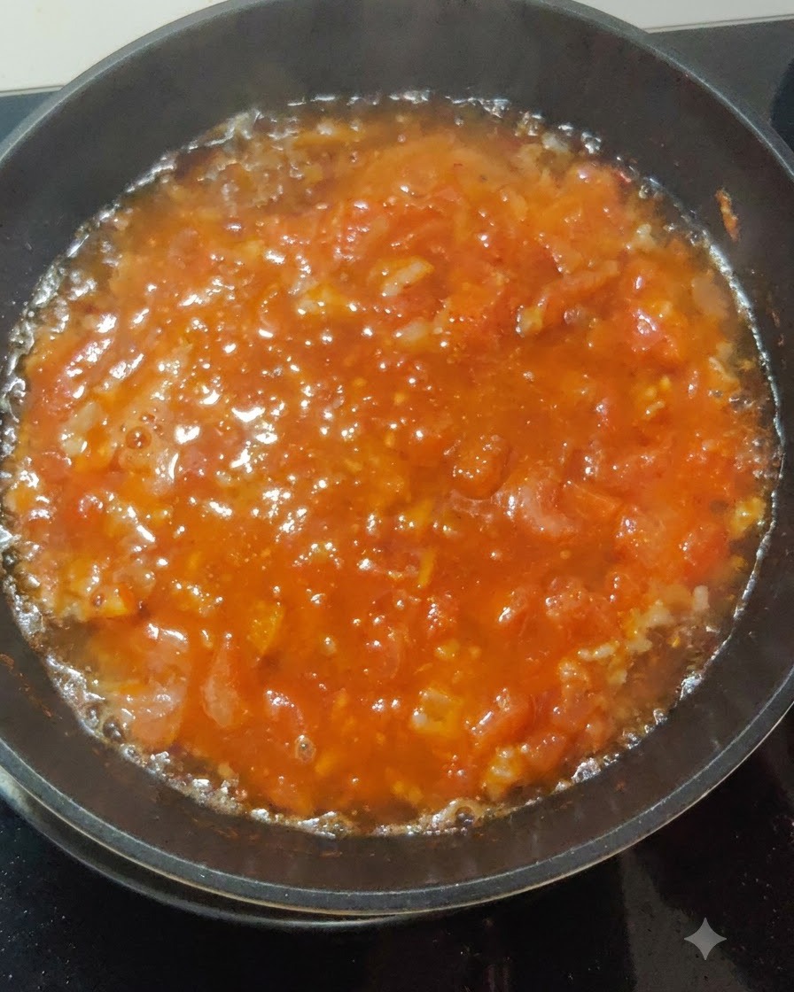 Eine dickflüssige, köchelnde rote Soße blubbert in einer Bratpfanne auf dem Herd.