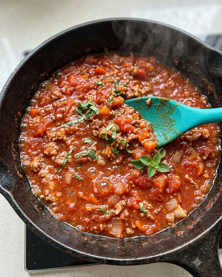 Eine Schöpfkelle gibt heiße Tomaten-Hackfleischsoße auf ein Bett aus gekochten Spaghettinudeln auf einem weißen Teller.