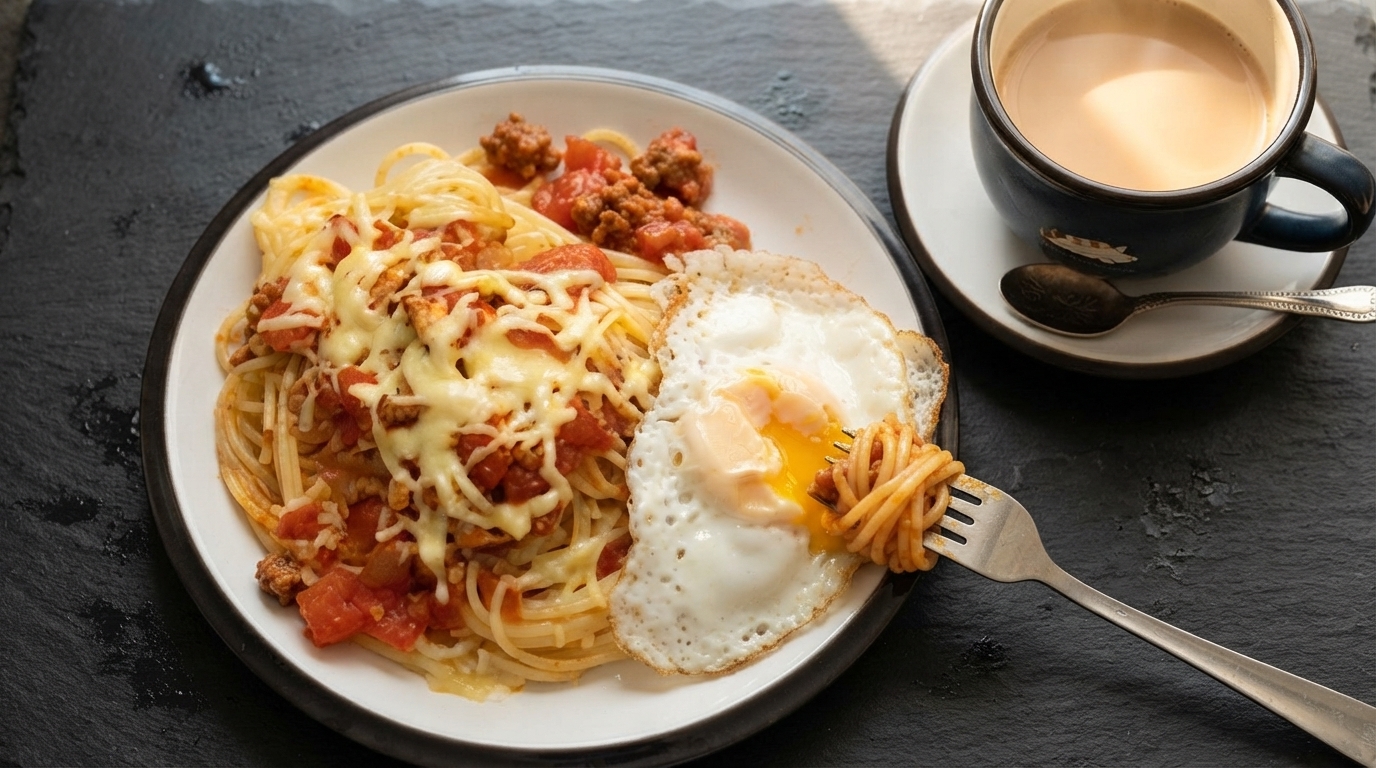 Hausgemachte überbackene Käse-Pasta mit Spiegelei