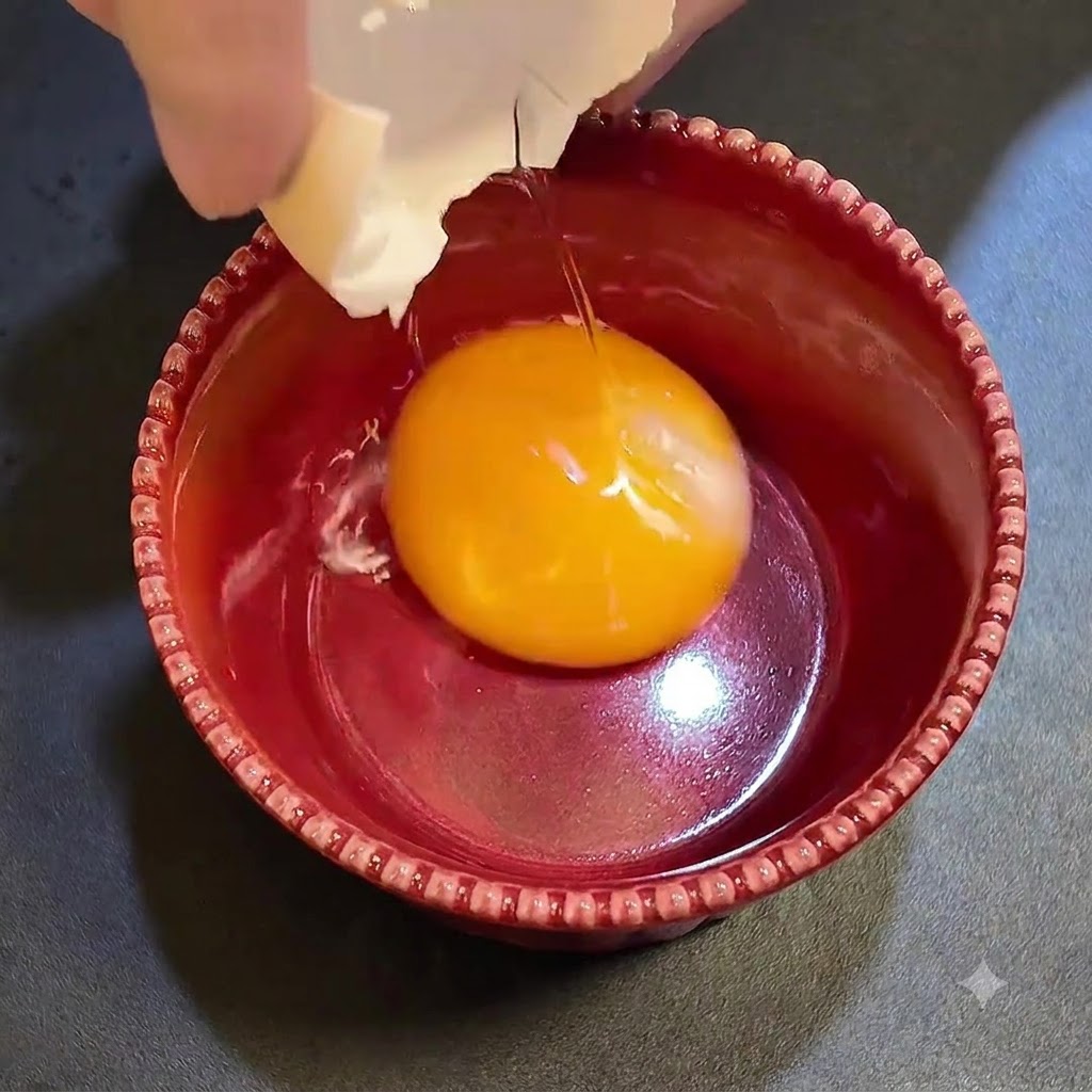 Ein steriles Eigelb in einer roten Schüssel wird mit Parmesan und schwarzer Trüffelsauce vermengt.