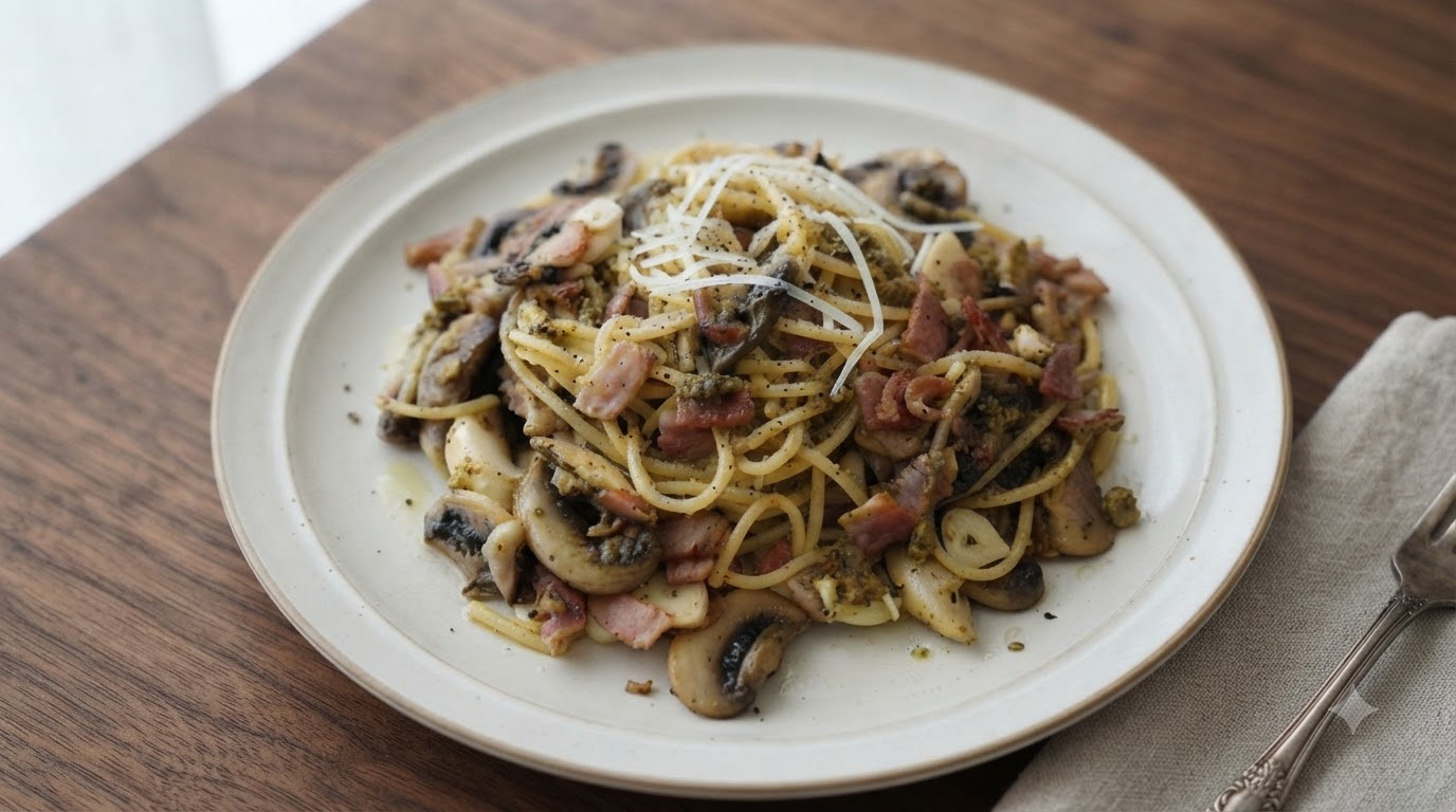Cremige Trüffel-Pilz-Pasta mit Speck