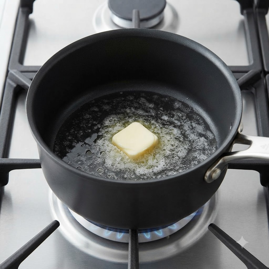 Ein Stück gelbe Butter schmilzt und bläht sich in der Mitte einer schwarzen Bratpfanne auf.