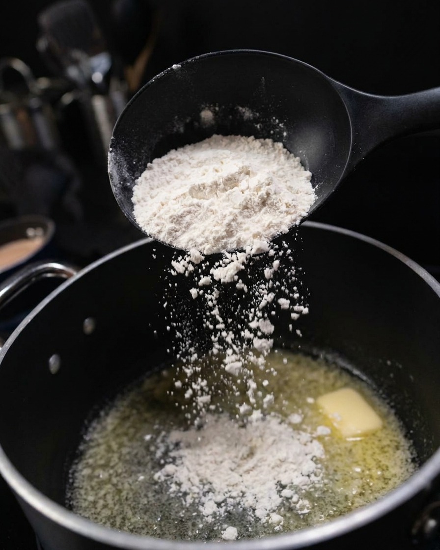 Mehl rieselt von einem schwarzen Löffel in die geschmolzene Butter in einer Kochpfanne.