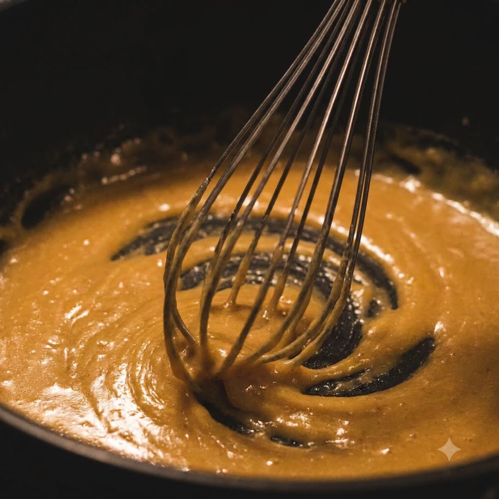 Ein Schneebesen rührt eine goldbraune Butter-Mehl-Roux-Paste in einer Pfanne um.