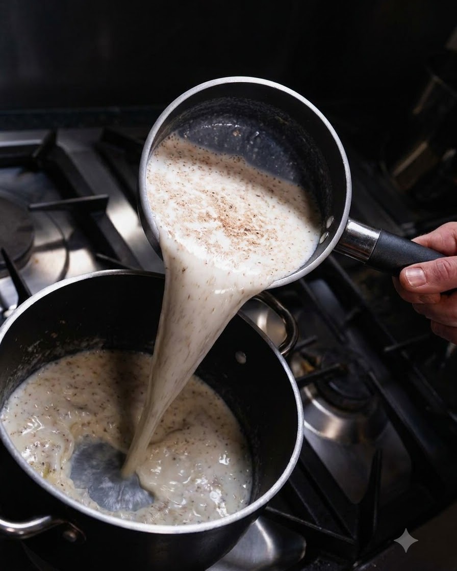 Erhitzte Milch wird aus einem Topf in eine Pfanne mit Mehlschwitze gegossen und vermischt sich zu einer cremigen Mischung.