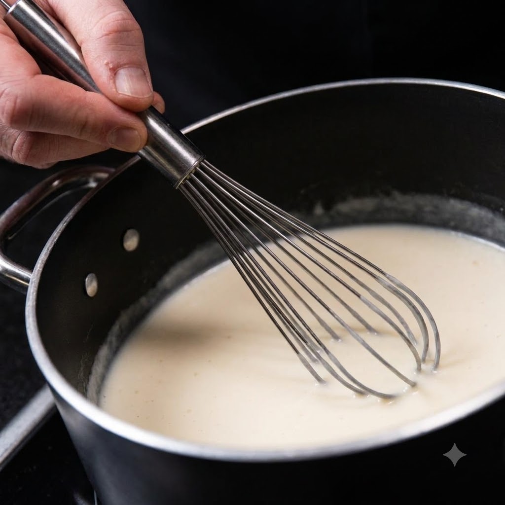 Ein Metallschneebesen rührt aktiv eine glatte weiße Sauce in einem dunklen Topf um.