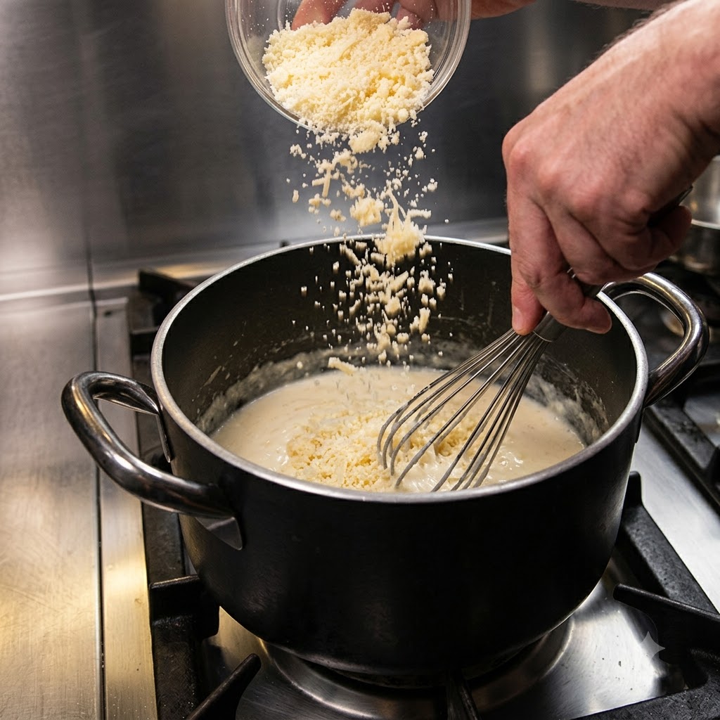 Geriebener Käse fällt aus einer klaren Schüssel in einen Topf mit Sauce, während er verrührt wird.