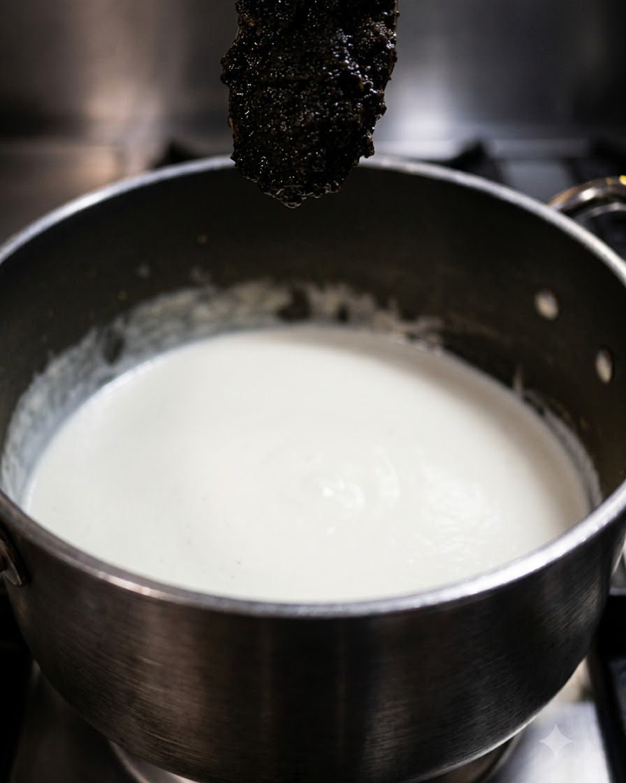 Ein Löffel dunkle schwarze Trüffelpaste wird über einen Topf mit weißer Sauce gehalten.