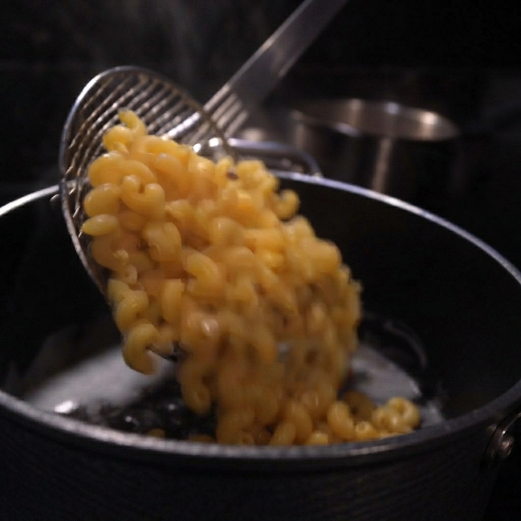 Gekochte Makkaroni werden aus einem Sieb in einen dunklen Topf gefüllt mit dicker Sauce gegossen.