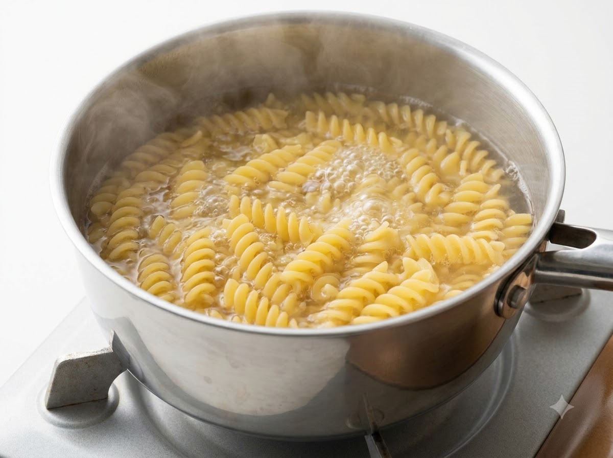 Fusilli-Nudeln kochen in einem Edelstahltopf mit heißem Wasser, wobei Dampf von der Oberfläche aufsteigt.