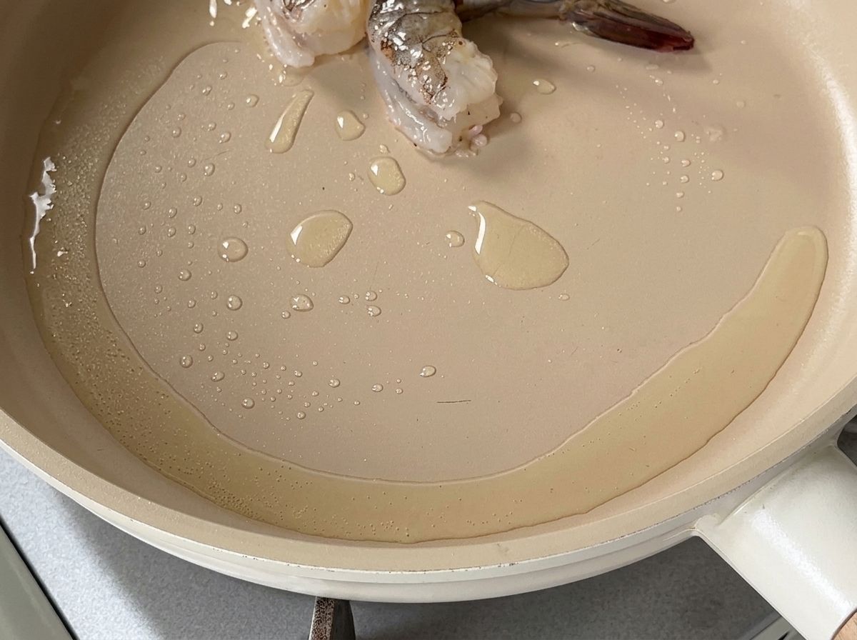 Heißes Öl schimmert in einer flachen Pfanne, während einige Garnelenstücke anfangen zu garen.