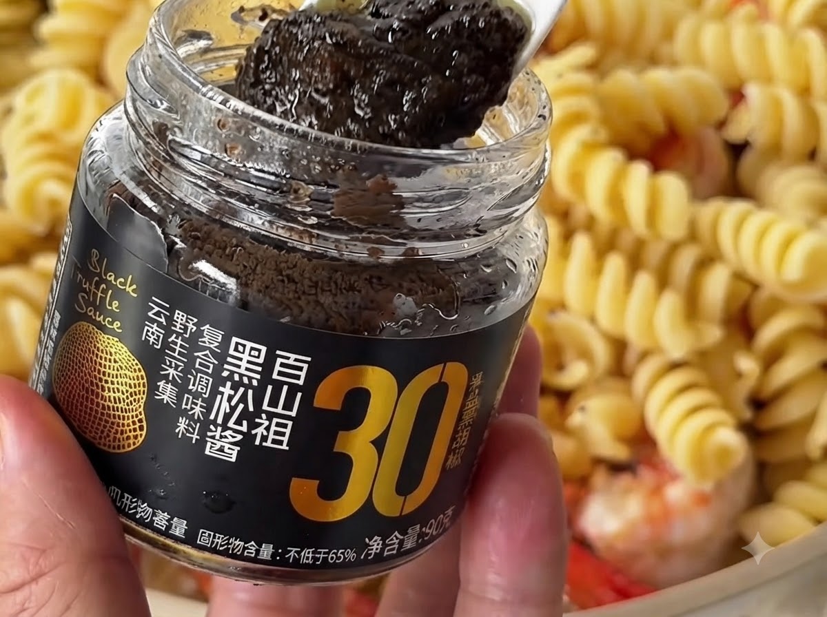 Ein weißer Löffel hält schwarze Trüffelpaste über ein Glas, wobei die Pasta- und Garnelenmischung im Hintergrund zu sehen ist.