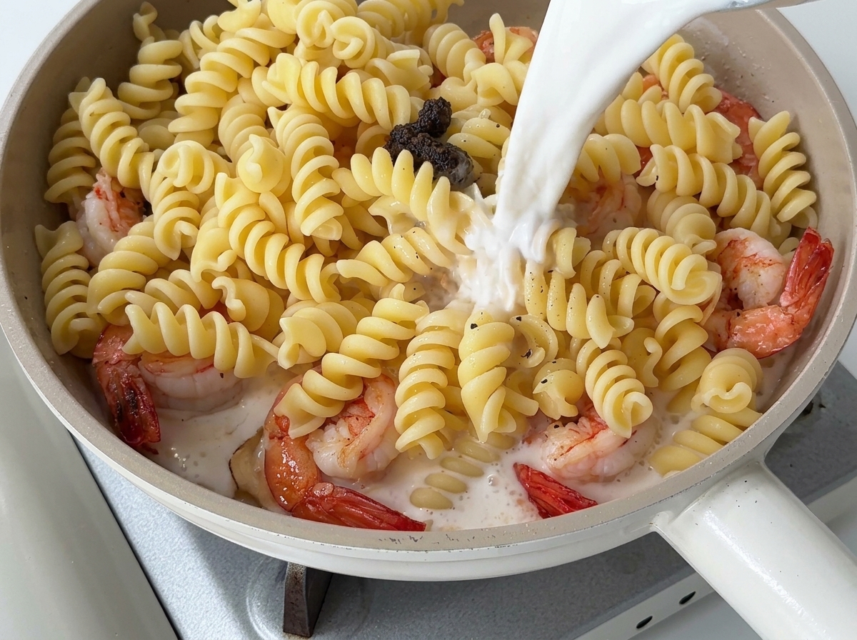 Milch und Schlagsahne werden aus einem Krug in eine Pfanne mit Pasta, Garnelen und Trüffelpaste gegossen.