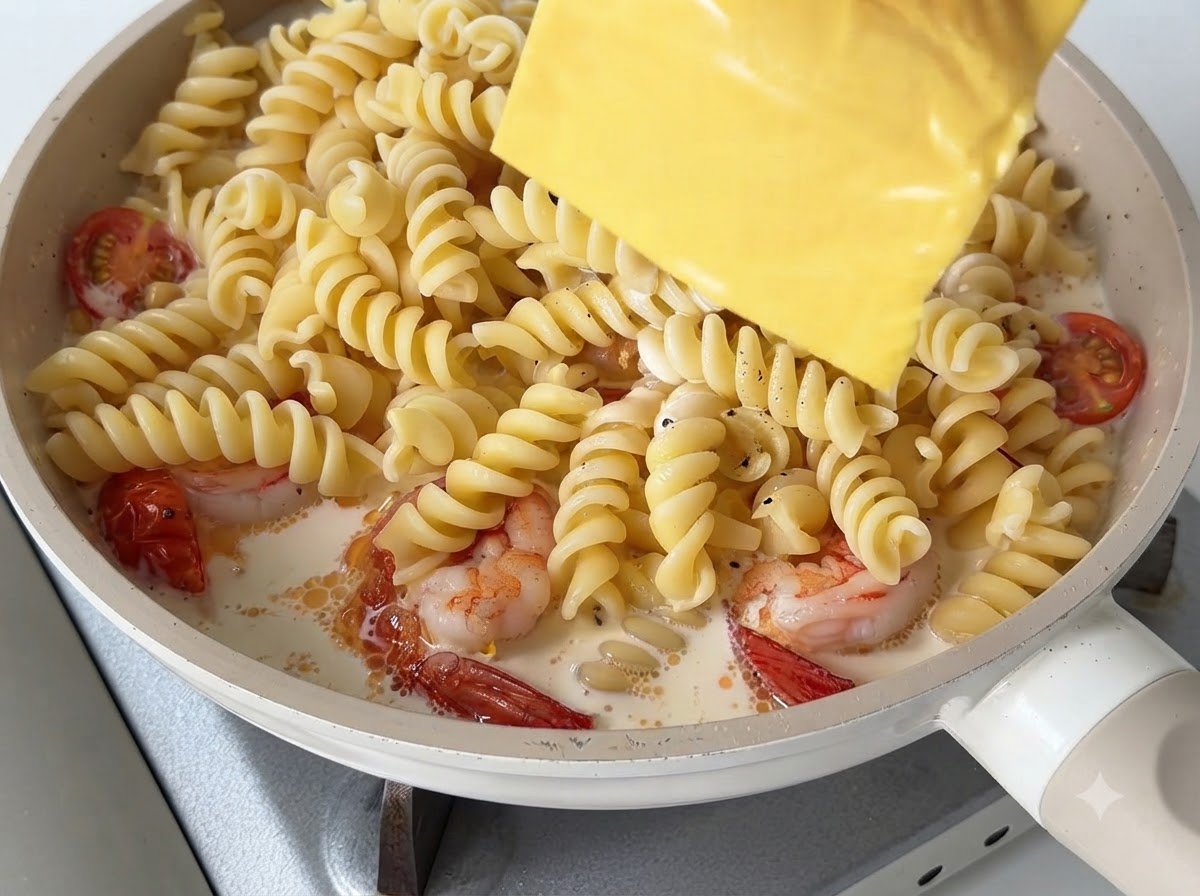 Eine quadratische Scheibe gelber Käse wird auf die cremige Pasta in einer Bratpfanne gelegt.