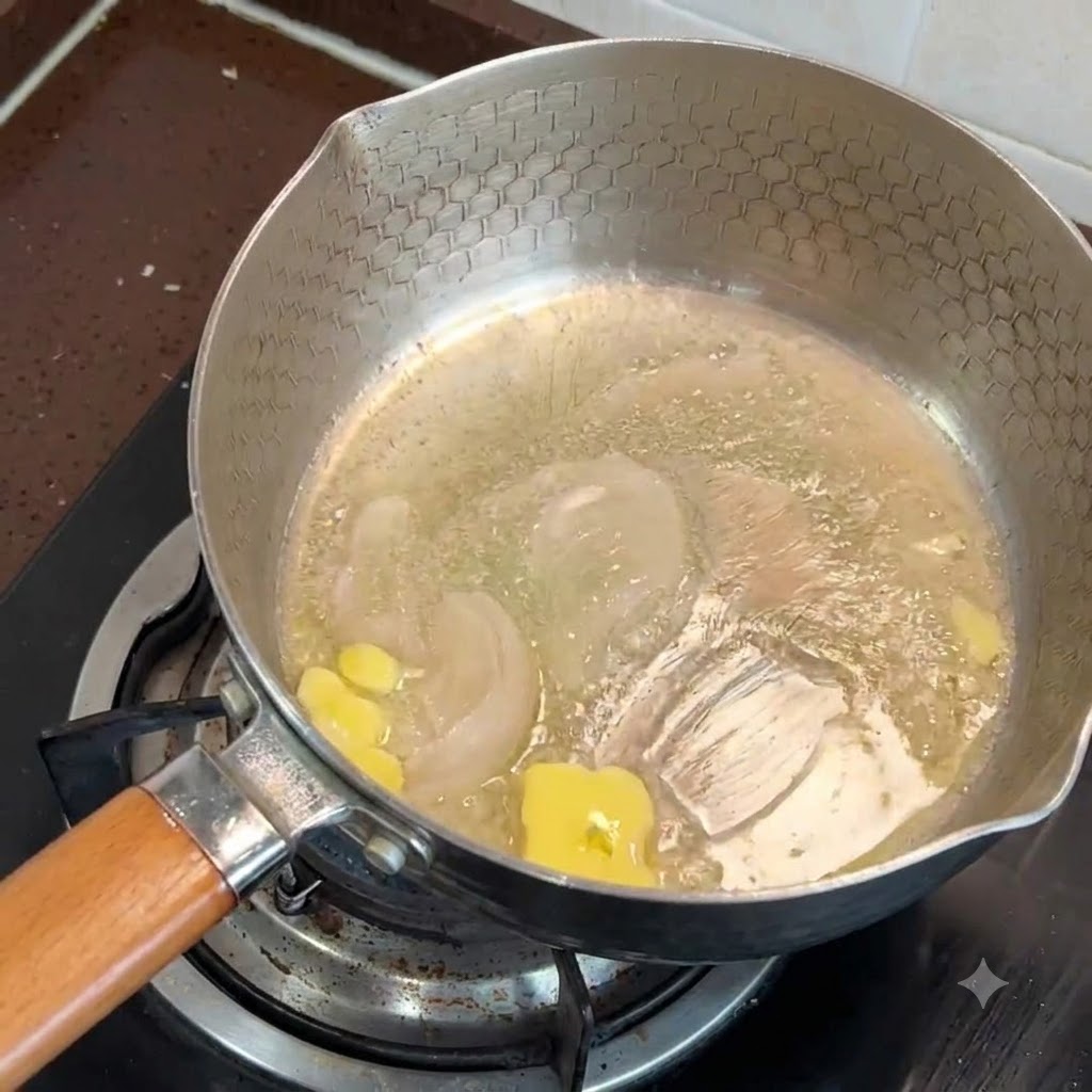Ein Stück Butter schmilzt in einer heißen Pfanne auf dem Herd.