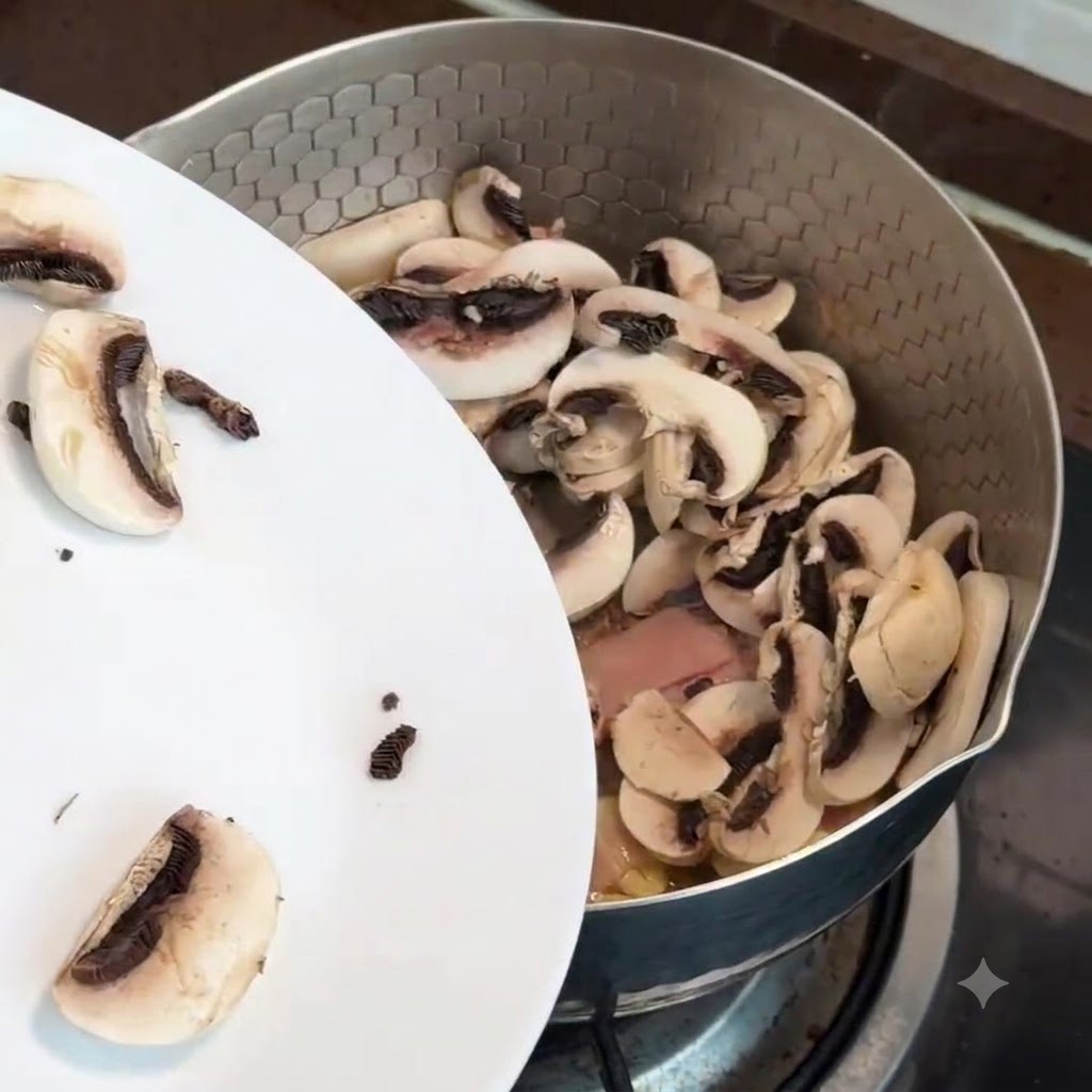 Geschnittene Pilze werden von einem weißen Teller in eine Pfanne mit Speck und Knoblauch gegeben.