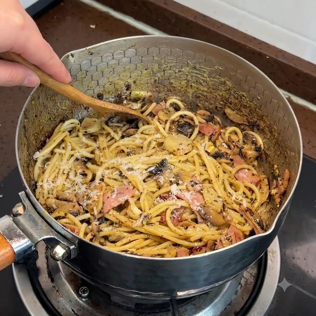 Frischer Käse wird direkt auf die heiße, gekochte Pasta mit Pilzen und Speck in einem Topf gerieben.