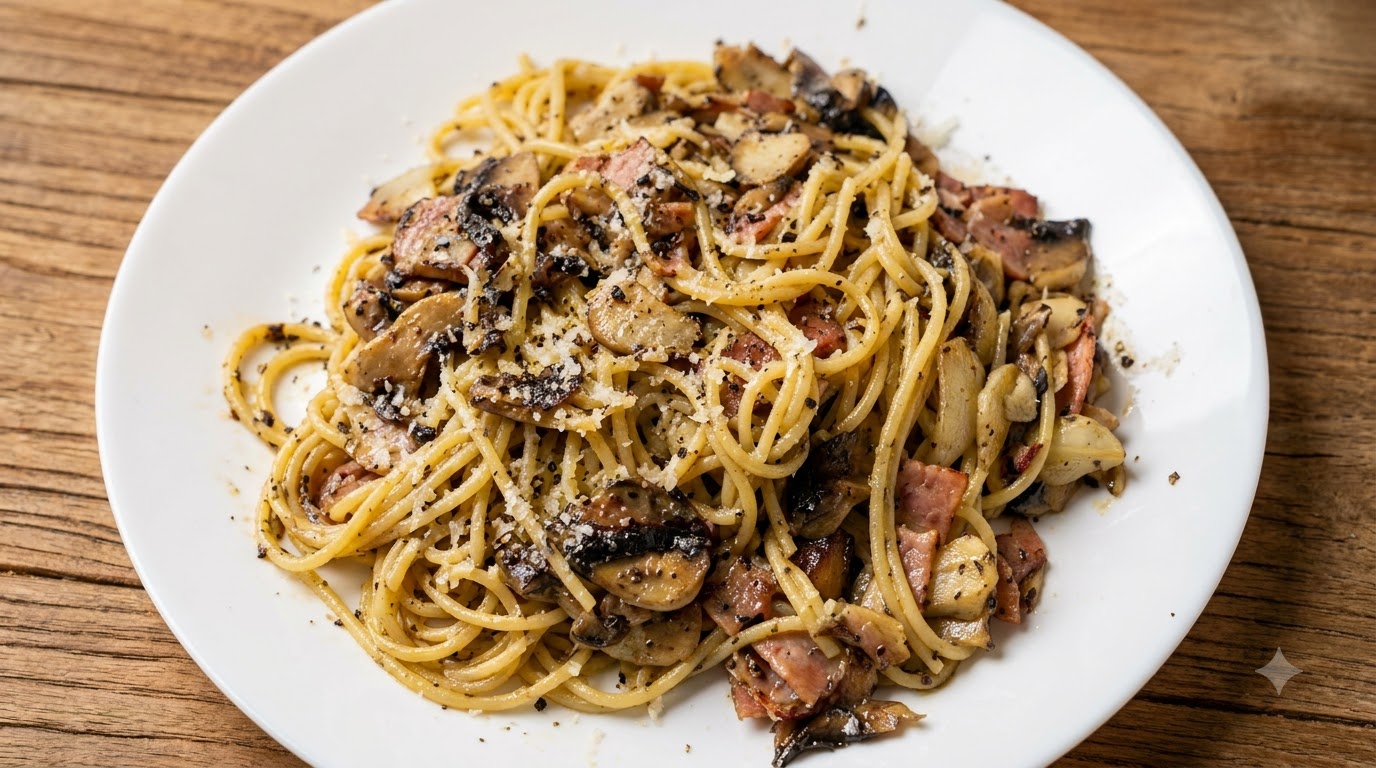 Gourmet Schwarze Trüffel Pasta mit Speck und Pilzen
