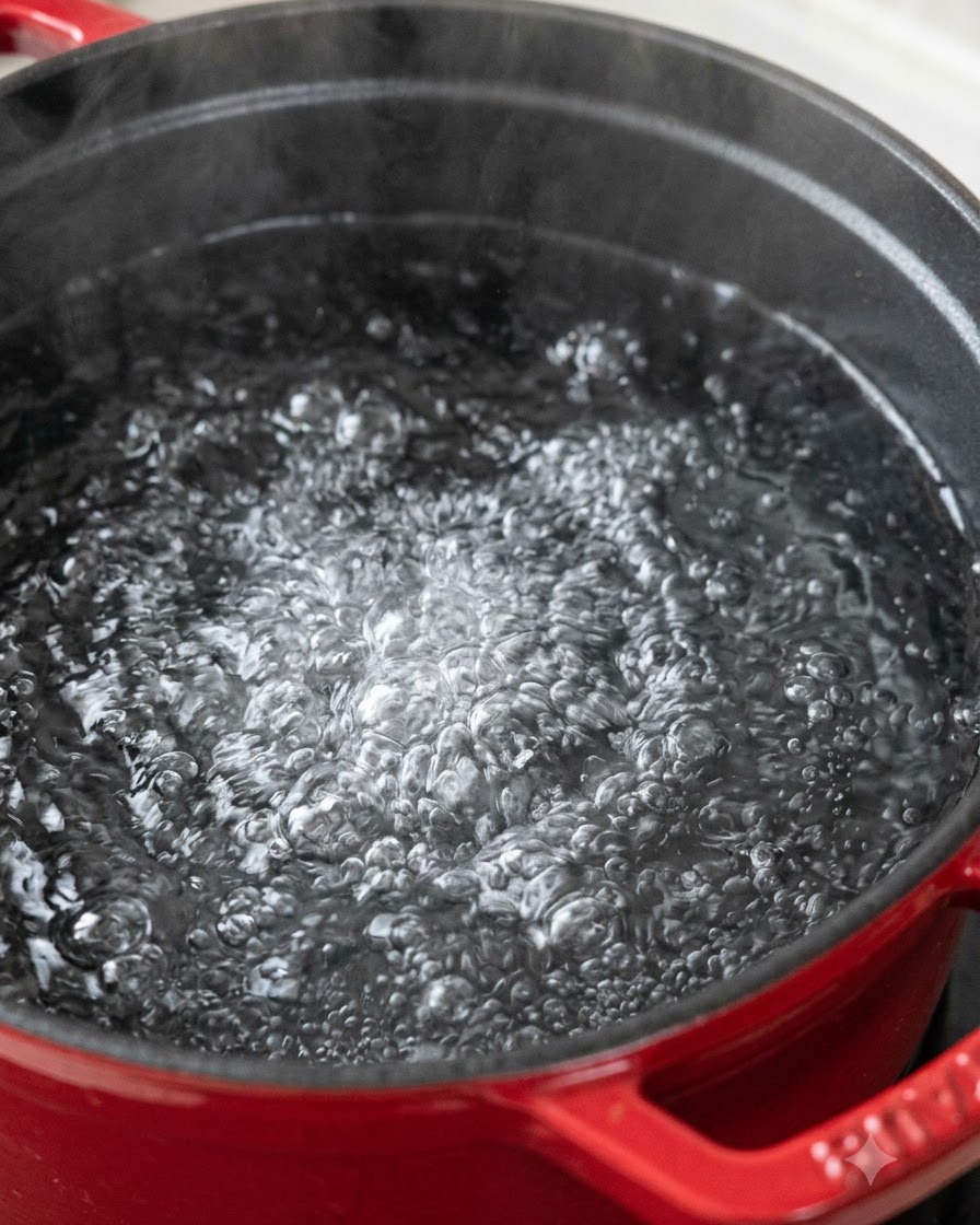 Spaghetti kochen in einem Topf mit sprudelnd kochendem Wasser.