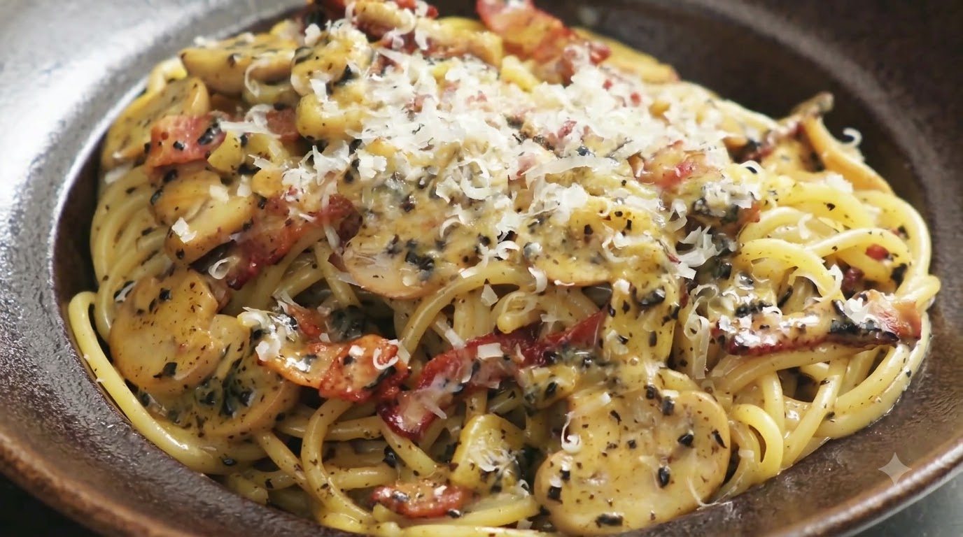 Nahaufnahme einer glänzenden Trüffel-Pilz-Pasta in einer dunklen Schüssel, garniert mit knusprigem Speck und frisch geriebenem Parmesan.