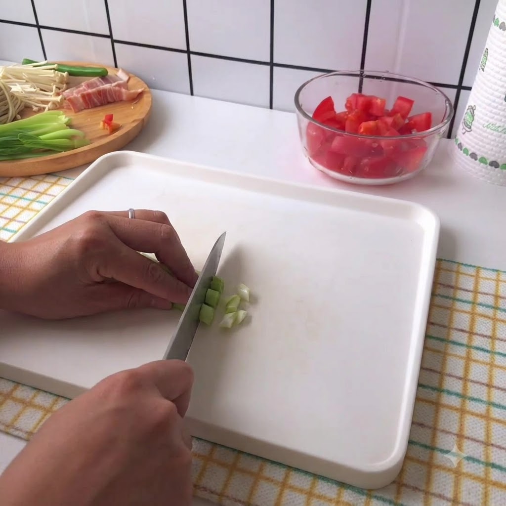 Hände schneiden sorgfältig Frühlingszwiebeln auf einem weißen Schneidebrett.