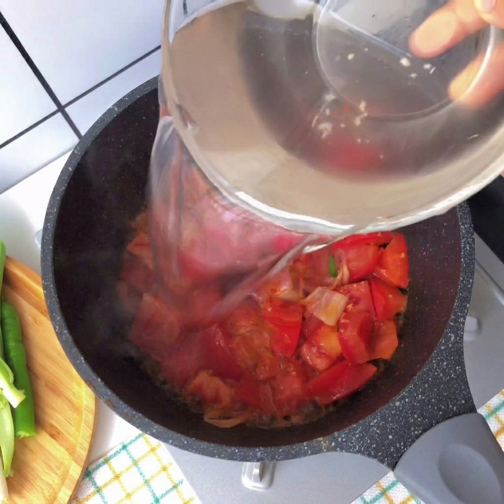 Klares Wasser wird aus einer Glasschüssel in einen Topf mit Tomaten und Speck gegossen.