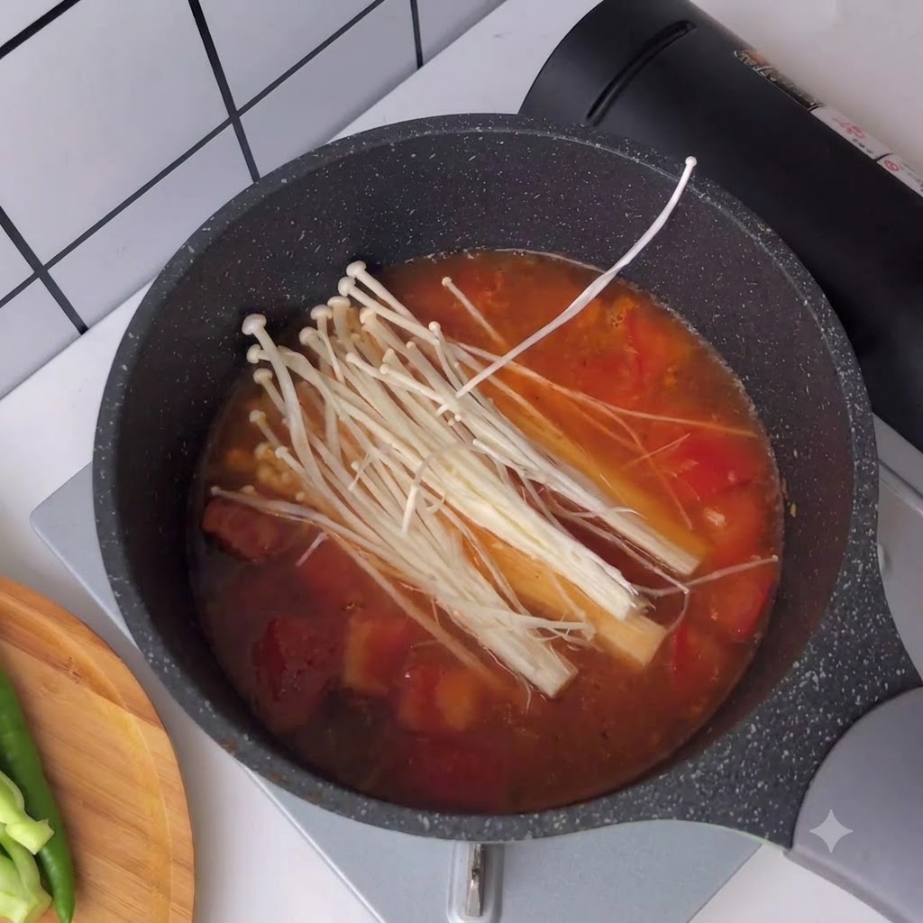 Frische Enoki-Pilze werden in eine kochende rote Tomatenbrühe gegeben.