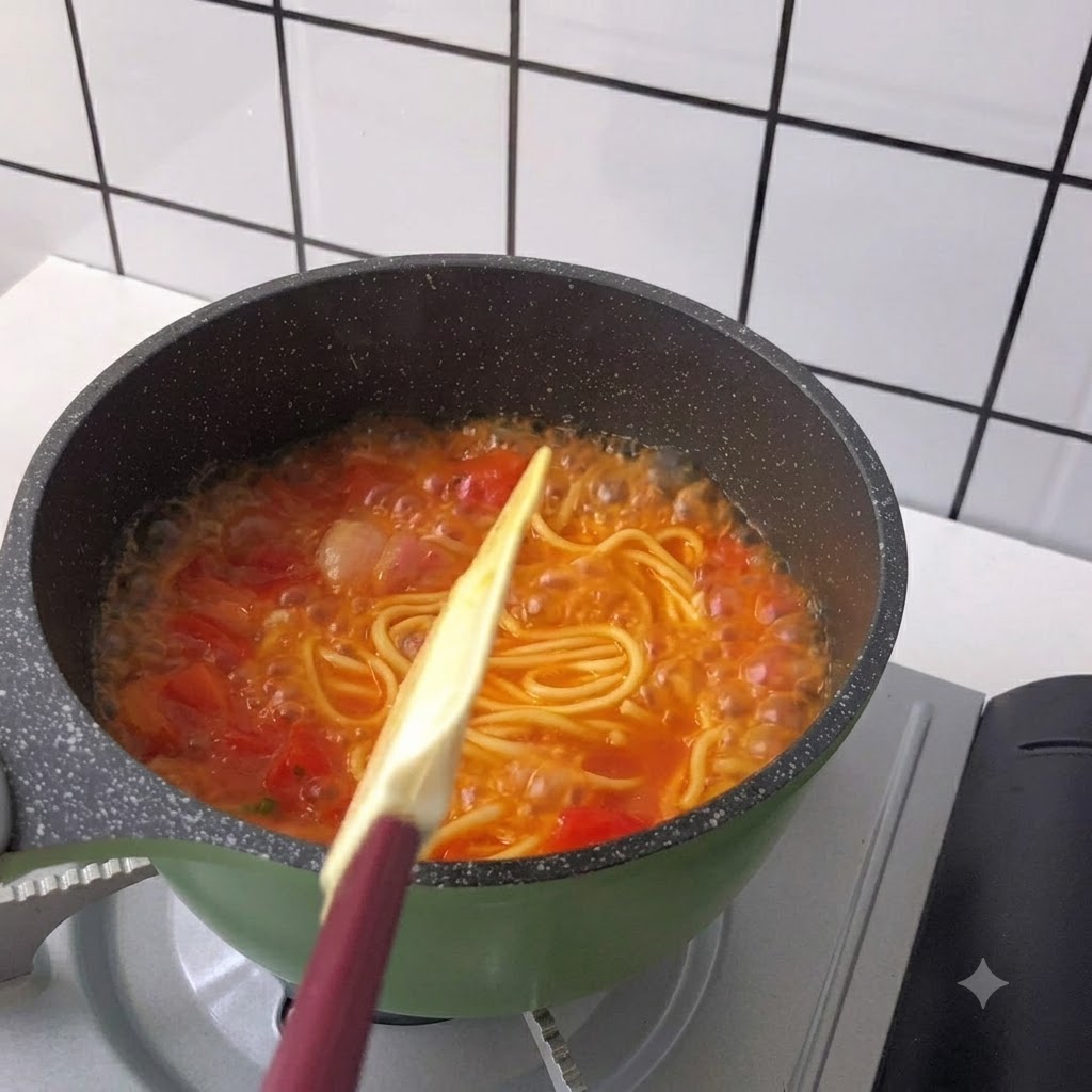 Lange Nudeln werden mit einem Pfannenwender in einer blubbernden roten Brühe umgerührt.