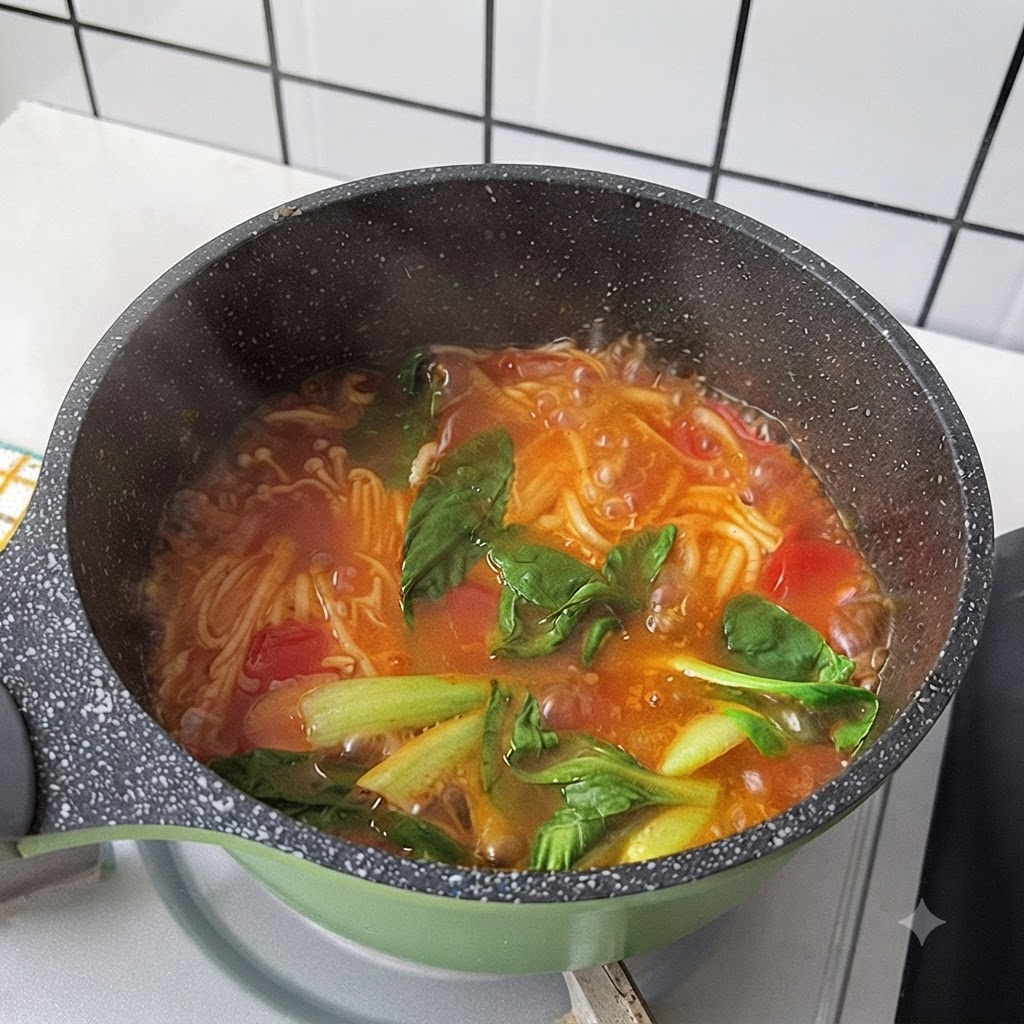 Pak-Choi-Blätter und Koriander welken in einem Topf mit heißer Nudelsuppe.