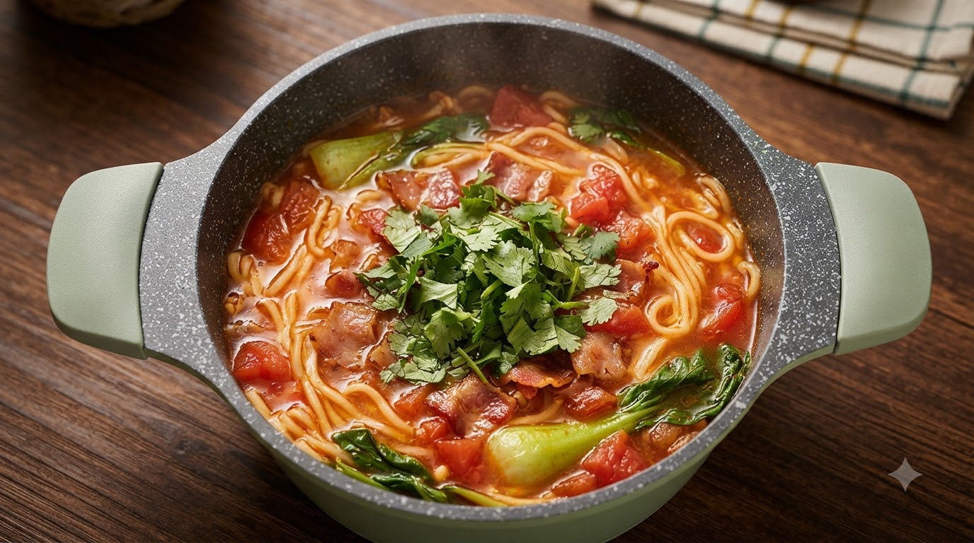 Schnelle Tomaten-Speck-Nudelsuppe