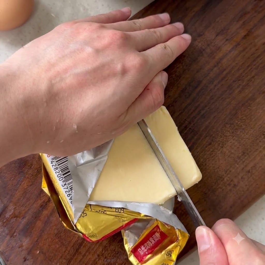 Ein Block gelbe Butter wird auf einem hölzernen Schneidebrett mit einem silbernen Messer in kleinere Portionen geschnitten.