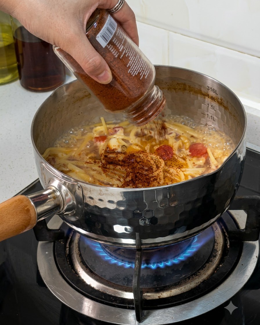 Gewürzpulver wird aus einem Glas in einen köchelnden Topf mit Pasta und Soße gegeben.