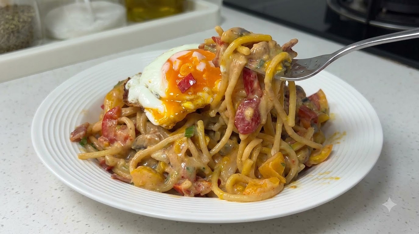 Ein Teller cremige Pasta mit bunten Paprikastücken, Scheiben von Champignons und Bacon, gekrönt mit einem Spiegelei mit flüssigem Eigelb.