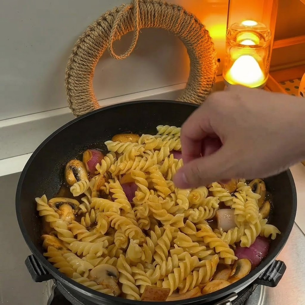 Halbierte Kirschtomaten und Schlagsahne werden in die Pastapfanne gegeben.