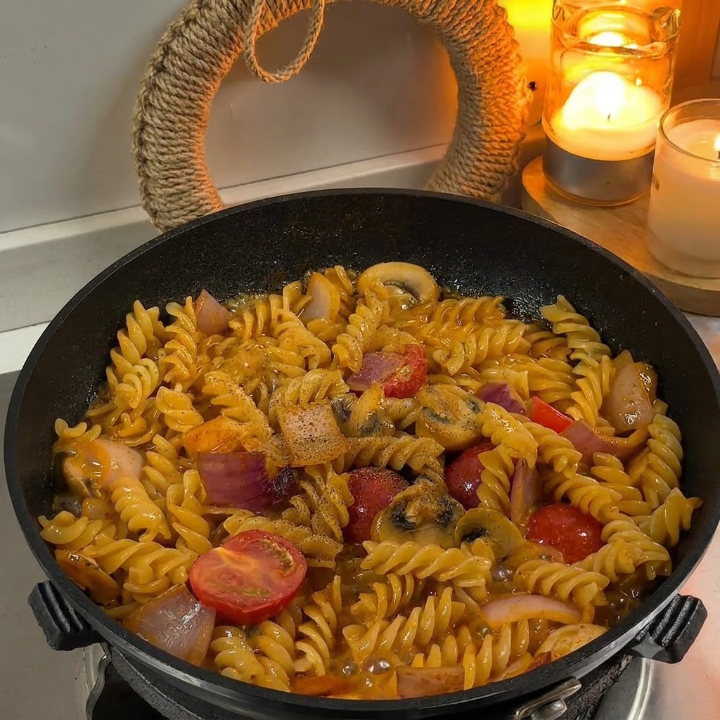 Schwarzer Pfeffer und getrocknete Petersilie werden über die Pasta in der Pfanne gestreut.