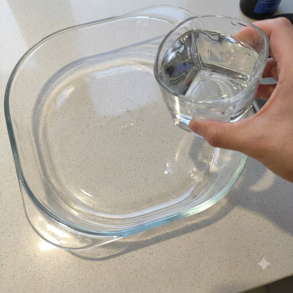 Eine Hand gießt Wasser aus einem Glas in eine Rührschüssel aus Glas.