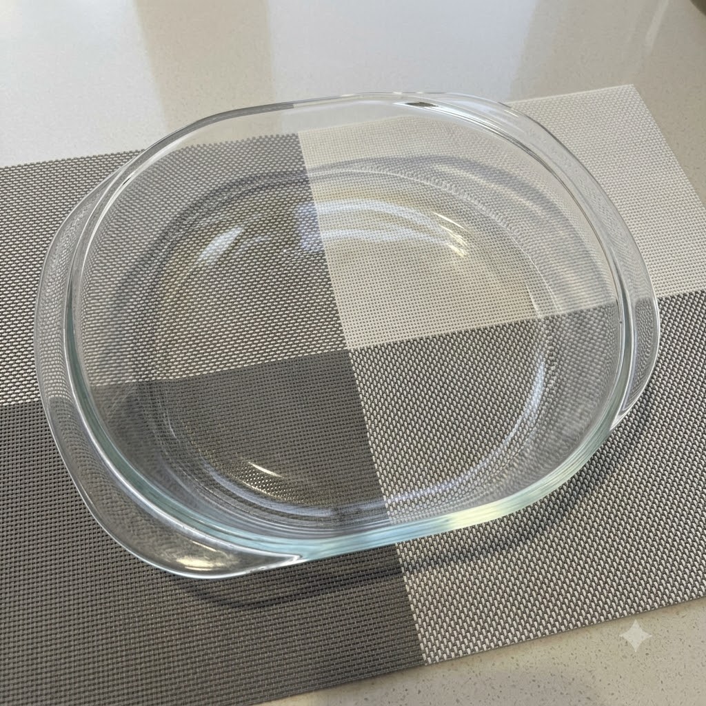 Leere Glasrührschüssel auf einer gemusterten Matte.