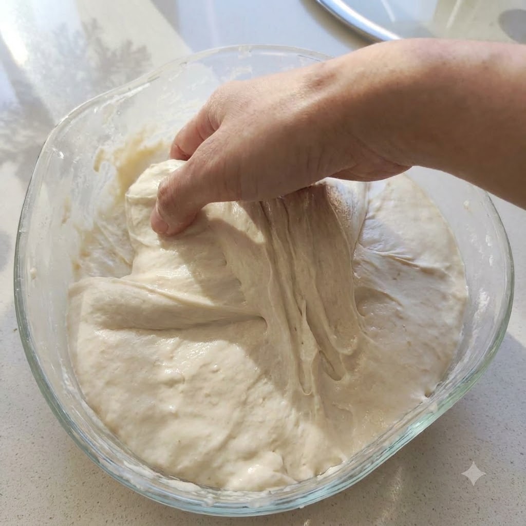 Eine Hand dehnt fermentierten Pizzateig nach oben in einer Schüssel.