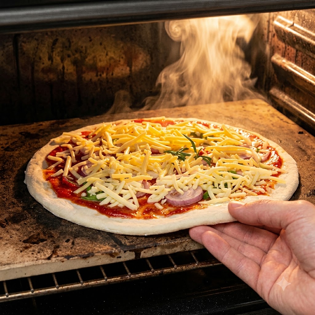 Eine Hand schiebt eine rohe Pizza in einen heißen Ofen mit Flammen im Hintergrund.