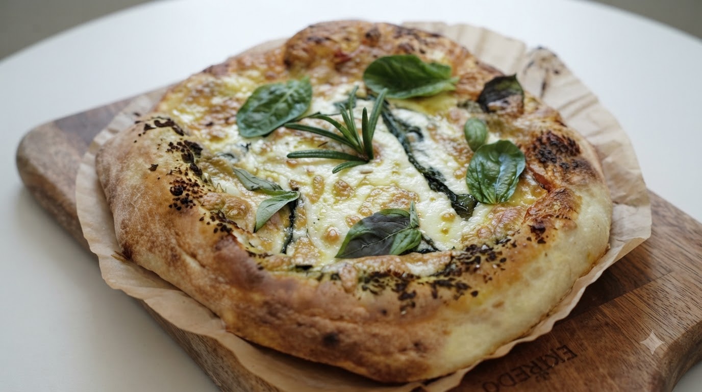 Eine frisch gebackene Pesto-Pizza auf einem Holzbrett, garniert mit frischem Basilikum und Rosmarin