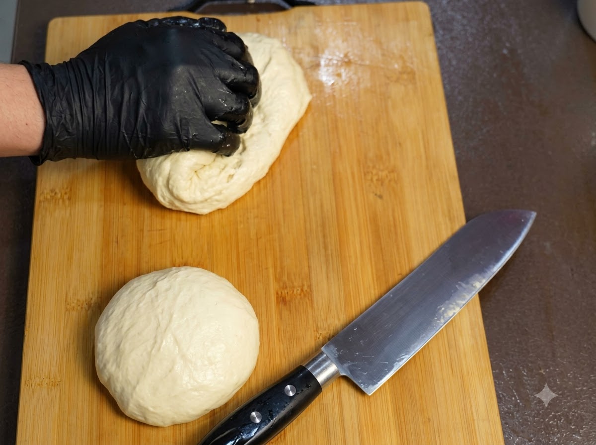 Ein großes Stück weicher Teig wird auf einem Holzschneidebrett neben einem Kochmesser in kleinere Abschnitte geschnitten.