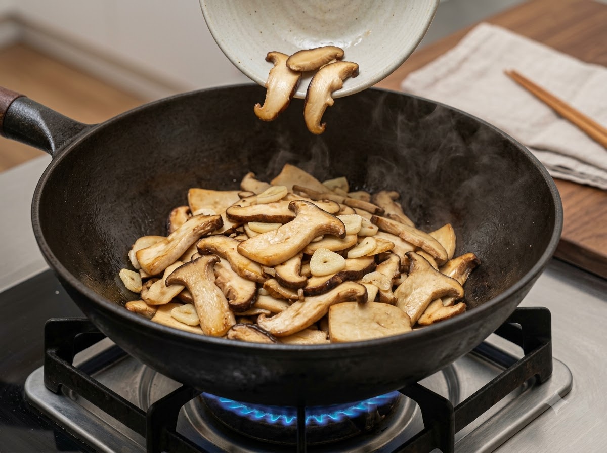 In Scheiben geschnittene Pilze werden aus einer kleinen Schüssel in einen mit heißem Knoblauch gefüllten Wok gegeben.