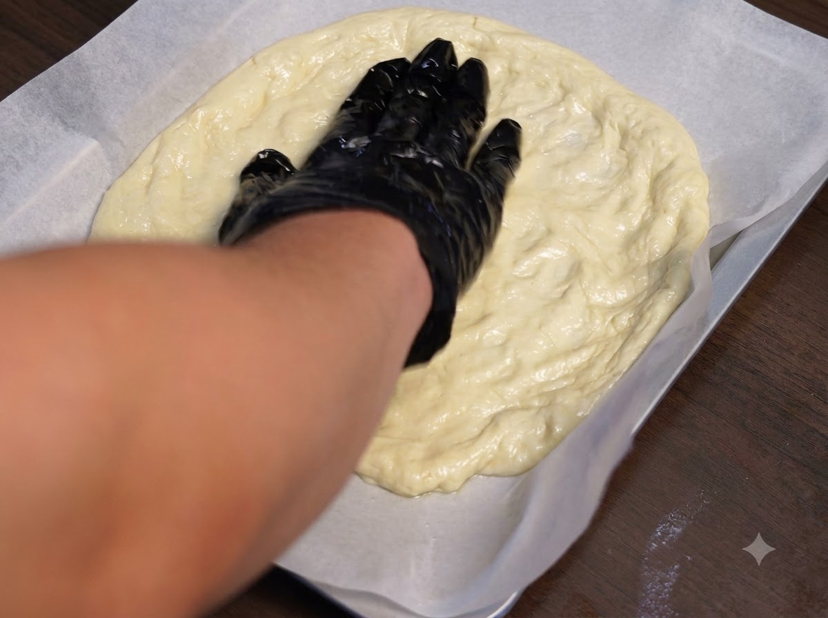 Geriebener Käse wird über eine flach gedrückte Pizzateigschicht gestreut.