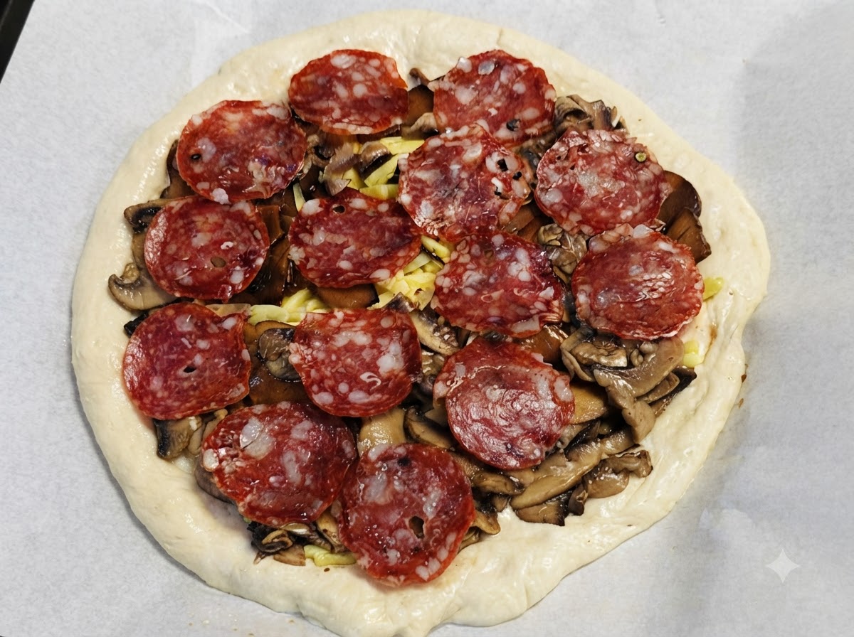 Vollständig belegte Pizza bereit zum Einschieben in einen heißen Ofen zum Backen.
