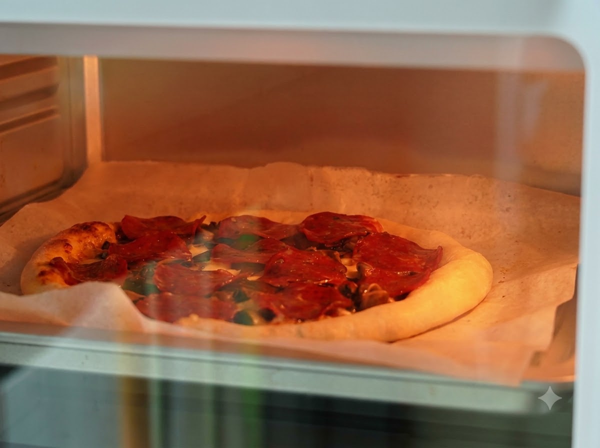 Nahaufnahme durch eine Ofenglaschtür zeigt eine teilgebackene Pizza, die mit weiterem geriebenen Käse bestreut wird.