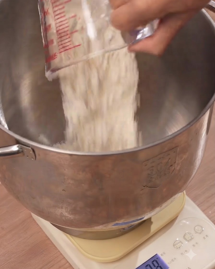 Weizen-Pizzamehl wird aus einem Messbecher in eine große Rührschüssel aus Metall geschüttet.