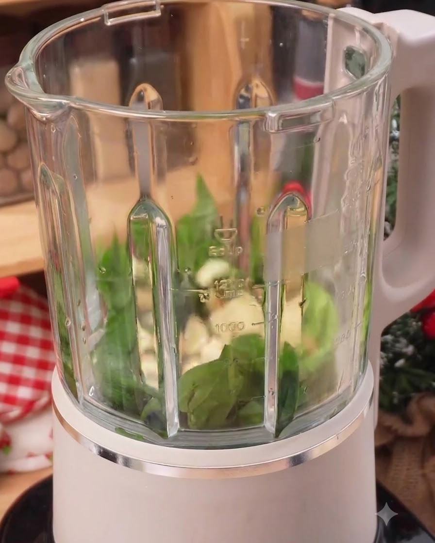 Frische Basilikumblätter, Knoblauch und Öl in einem Mixbecher bereit zum Mixen.