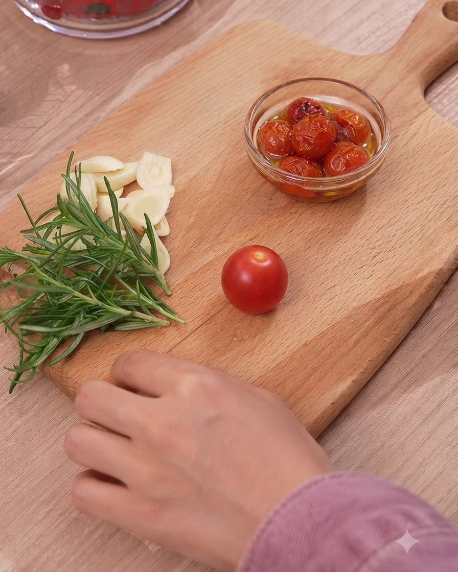 Frische Kirschtomaten, Knoblauch und Rosmarin liegen auf einem Holzschneidebrett.