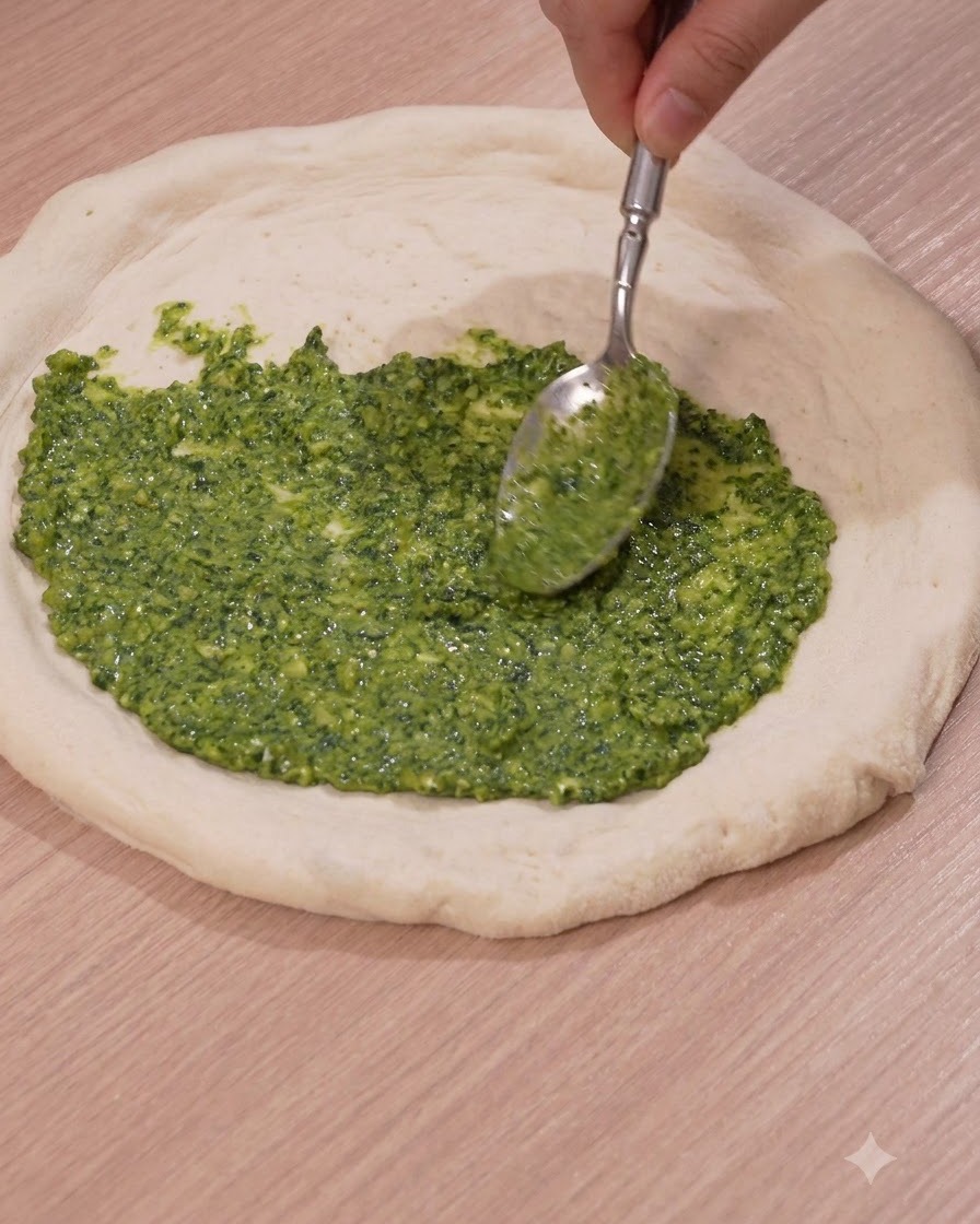 Ein Löffel verteilt grüne Pestosoße auf der Mitte des rohen Pizzateigs.